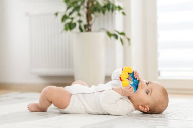 Bebek bakımı konsepti. Güzel ışıklandırılmış bir odada yumuşak bir paspas uzanıyor, rahat bir atmosfer ve arka planda küçük bir bitki ile çevrili iken renkli bir oyuncağı keşfediyor..