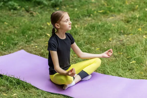 Bir çocuk çimenli bir açık alanda, denge ve meditasyona odaklanmış mor bir paspasın üzerinde yoga yapıyor. Ayar esneme ve konsantrasyon yoluyla sağlığın ve sağlığın önemini vurguluyor..