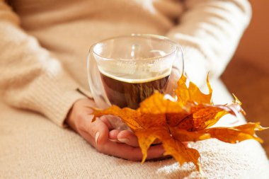 Yumuşak bej süveter giyen kişi, temiz bir fincan kahve ve sonbahar yaprakları tutar. Sıcak ve rahatlatıcı sonbahar atmosferini yakalar..