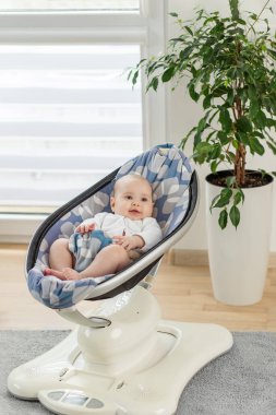 Mutlu bir bebek evcil bir bitkinin yanında, güvenli ve rahatlatıcı bir anın tadını çıkararak, modern bir bebeğin salıncağında rahatça oturur..