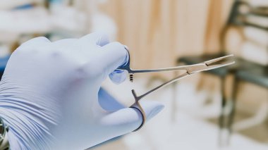 Mavi eldiven takan elin elinde hemostatik forseps var. Ameliyatta kanamayı durdurmak için kullanılan bir alet..