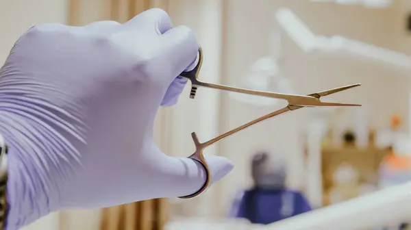 Mavi eldiven takan elin elinde hemostatik forseps var. Ameliyatta kanamayı durdurmak için kullanılan bir alet..