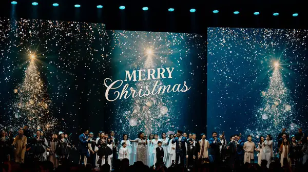 Bir grup sanatçı ve koro üyesi Noel 'i sahnede ışıltılı bir Noel ağacı ve 
