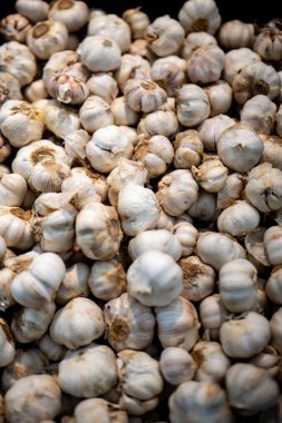 Çok sayıda taze sarımsak soğanının detaylı bir yakın plan görüntüsü, doğal dokularını ve toprak tonlarını gösteriyor. Mutfak, sağlık ve organik gıda projeleri için mükemmel..