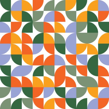 Bauhaus tarzında soyut geometrik desen canlı renkler ve beyaz arkaplanda şekil