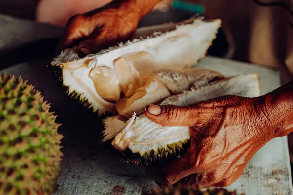 Durian meyvesi ikiye ayrılır ve olgun meyve sarı renktedir. Tahta bir masaya yerleştirilmiş..