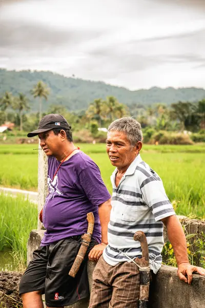 Belinde palayla iki adam pirinç tarlasının kenarında dinleniyor..