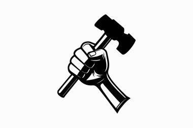 Doğum günün kutlu olsun siluet vektör çizimi ve çekiç simgesi tutan el.