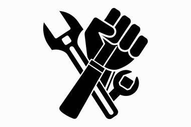 Doğum günün kutlu olsun siluet vektör çizimi ve çekiç simgesi tutan el.