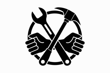 İşçi bayramında siluet vektör çizimi ve işçi miğferli Wrench çekiç simgesi tutan El