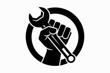 İşçi bayramında siluet vektör çizimi ve işçi miğferli Wrench çekiç simgesi tutan El