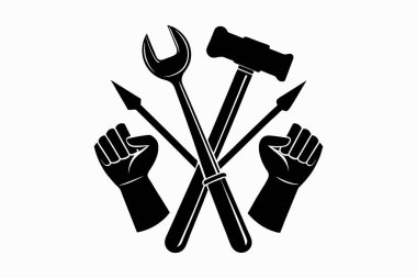 Doğum günün kutlu olsun siluet vektör çizimi ve çekiç simgesi tutan el.