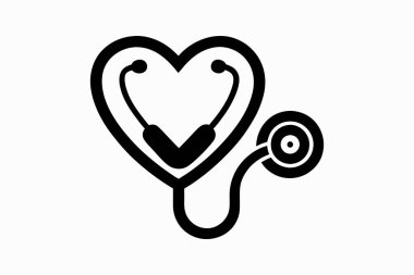Stetoskop silueti, kalp sembollü vektör çizimi. Tıbbi Teşhis simgesi