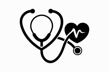 Stetoskop silueti, kalp sembollü vektör çizimi. Tıbbi Teşhis simgesi