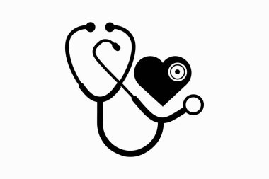 Stetoskop silueti, kalp sembollü vektör çizimi. Tıbbi Teşhis simgesi