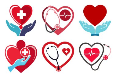 Tıbbi steteskop vektör çizimi ve sağlık hizmeti konsepti. Hastane, kapsül ve eczane sembolleri.