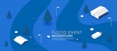 Su basmış bir evin, evin, arabanın, su basan ikonları gösteren mobilyaların vektör çizimi. Doğal sel felaketi simgesi