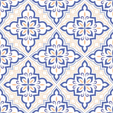 Vektör pürüzsüz doku. Tasarım, moda kumaşı, tekstil, duvar kağıdı, dekoratif elementlerle ambalaj tasarımı için güzel renkli desenler. Portekiz fayansları, Azulejo, Fas süslemeleri