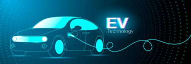 EV. Elektrikli araba mavi arka plandaki şarj istasyonuna bağlanıyor. Eko güç, EV şarj aleti, alternatif enerji, şarj edilebilir pil, otomobil endüstrisi, gelecekteki teknoloji. Vektör. Neon çizgileri olan her dünyayı özetle. Yaratıcı fütürist kavram. Modern şablon