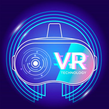 Sanal gerçeklik gözlükleri teknolojisi. Neon çizgileri olan soyut VR dünyası. Yaratıcı fütürist kavram. Web ve yazdırma için modern şablon.