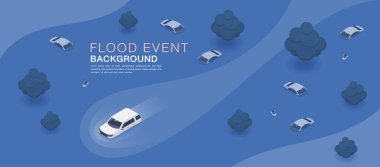Su basmış bir evin, evin, arabanın, su basan ikonları gösteren mobilyaların vektör çizimi. Doğal sel felaketi ikonu. Sel sularında yürüyen bir SUV arabası.