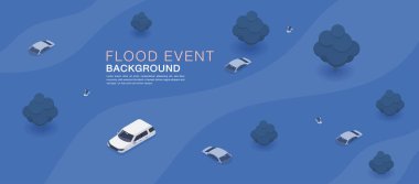 Su basmış bir evin, evin, arabanın, su basan ikonları gösteren mobilyaların vektör çizimi. Doğal sel felaketi ikonu. Sel sularında yürüyen bir SUV arabası.