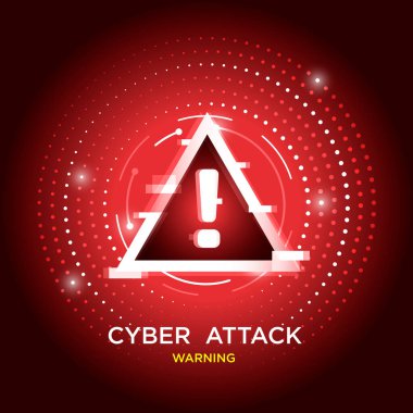Görüntü, içinde ünlem işareti bulunan kırmızı üçgen alarm sembollü siber saldırı uyarısını gösteriyor. Dijital hata efektleri ve dairesel desenler tehlike hissini vurgular.