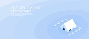 Görüntü, suyla çevrili bir izometrik evin olduğu bir sel olayını gösteriyor. Mavi eşmerkezli dalgalar yükselen su seviyelerini tasvir eder. Sol tarafta minimalist, modern tasarımı olan bir metin var..