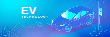 Neon çizgileri olan soyut EV dünyası. Görüntü, modern EV teknolojisini gösteren, bir istasyonda şarj olan elektrikli bir araç (EV) tasvir ediyor. Araba, yenilik ve sürdürülebilirliği vurgulayan dijital enerji dalgalarıyla çevrilidir. Web için modern şablon 