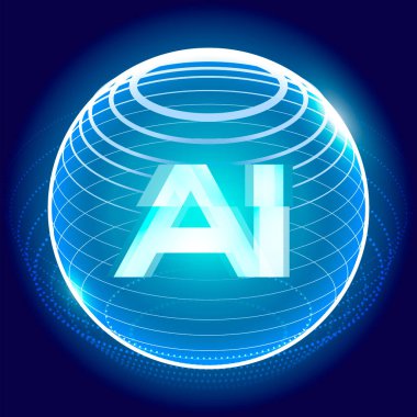 Görüntü, yapay zekayı sembolize eden, kablo dizaynlı parlak, fütüristik bir küreye sahip. Kalın 