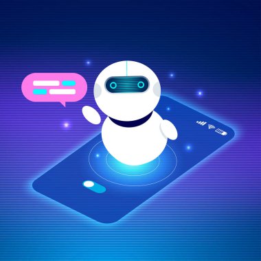 Akıllı telefondan parlayan, robotik tasarımı olan fütürist bir sohbet robotu. Arka planda, yapay zeka güdümlü iletişim teknolojisini sembolize eden neon mavisi bir gradyan var..