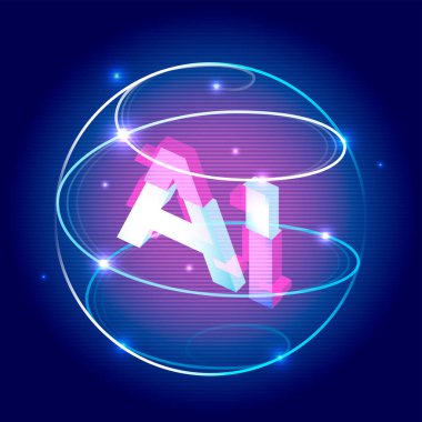 Parlak, üç boyutlu, neon pembe ve mavi renkli bir yapay zeka metni. Küresel bir ızgarayla çevrili ve karanlık bir arkaplan üzerinde dönen ışık izleri var..