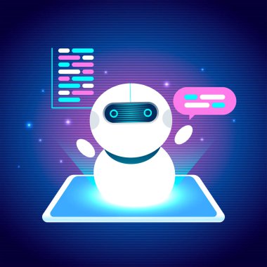 Fütürist yapay zeka sohbet robotu. Parlak mavi ekran bir yüzü var. Dijital akıllı telefonun üzerinde yüzüyor. Yapay zeka etkileşimini sembolize eden konuşma baloncukları ve kod parçacıkları içerir..
