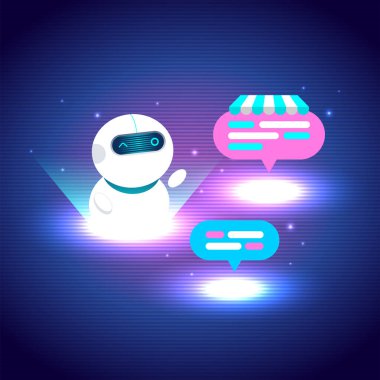 Parlak yüzlü, dijital sohbetlere dalmış gelecekçi yapay zeka sohbet robotu. Konuşma baloncukları, bir depolama simgesi de dahil, çevrimiçi iletişimi ve yapay zeka desteğini sembolize eder.