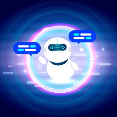 Fütüristik temalı bir sohbet robotu teknolojisi. Parlak dijital elementlerle çevrili konuşma baloncukları aracılığıyla ekranla etkileşen sevimli bir yapay zeka robotu..