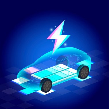 Şeffaf gövdeli fütüristik EV, batarya sistemini ortaya çıkarıyor. Parlayan bir yıldırım, koyu mavi yüksek teknoloji arka planına karşı kurulmuş şarjı simgeler..