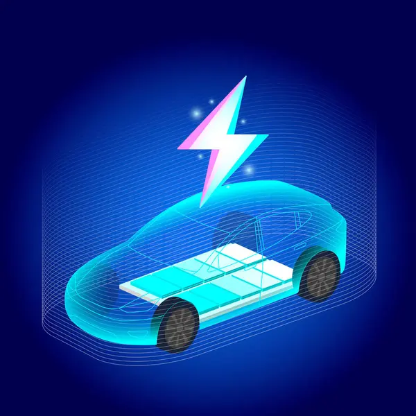 Fütüristik elektrikli araba anahatlı EV teknolojisi, batarya sistemini vurguluyor. Parlayan bir yıldırım, modern mavi eğimli arkaplana karşı oluşan yükü sembolize eder..