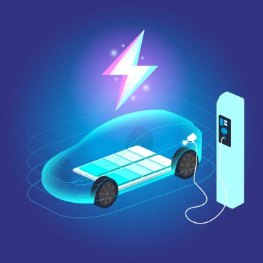 EV elektrikli araba mavi arka plandaki şarj istasyonuna bağlanıyor. Eko güç, EV şarj aleti, alternatif enerji, şarj edilebilir pil, otomobil endüstrisi, gelecekteki teknoloji. vektör.