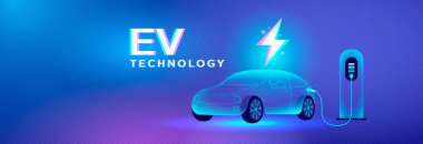 Fütüristik elektrikli araç (EV) bir istasyonda şarj oluyor, parlak bir neon çizgisi, bir yıldırım sembolü ve mavi gradyan arka planda 