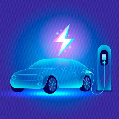 Fütüristik elektrikli araç (EV) bir istasyonda şarj oluyor, parlak neon çizgileri, mavi eğimli arka planda bir yıldırım sembolü.
