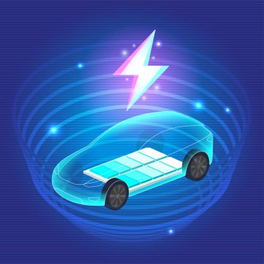 EV elektrikli araba mavi arka plandaki şarj istasyonuna bağlanıyor. Eko güç, EV şarj aleti, alternatif enerji, şarj edilebilir pil, otomobil endüstrisi, gelecekteki teknoloji. vektör.