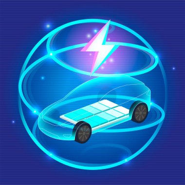 EV elektrikli araba mavi arka plandaki şarj istasyonuna bağlanıyor. Eko güç, EV şarj aleti, alternatif enerji, şarj edilebilir pil, otomobil endüstrisi, gelecekteki teknoloji. vektör.