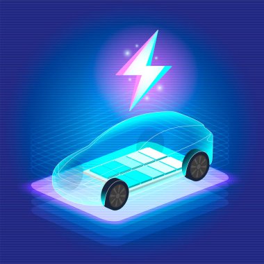 EV elektrikli araba mavi arka plandaki şarj istasyonuna bağlanıyor. Eko güç, EV şarj aleti, alternatif enerji, şarj edilebilir pil, otomobil endüstrisi, gelecekteki teknoloji. vektör.