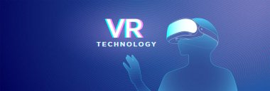 Modern VR teknolojisi konsepti, gradyan arkaplan ile bir kulaklık ve el etkileşimini gösteriyor. Sanal gerçeklik veya dijital arayüz temaları üzerinde çalışan grafik tasarımcıları için ideal