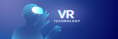 Modern VR teknolojisi konsepti, gradyan arkaplan ile bir kulaklık ve el etkileşimini gösteriyor. Sanal gerçeklik veya dijital arayüz temaları üzerinde çalışan grafik tasarımcıları için ideal.