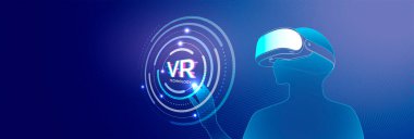 Modern VR teknolojisi konsepti, gradyan arkaplan ile bir kulaklık ve el etkileşimini gösteriyor. Sanal gerçeklik veya dijital arayüz temaları üzerinde çalışan grafik tasarımcıları için ideal.