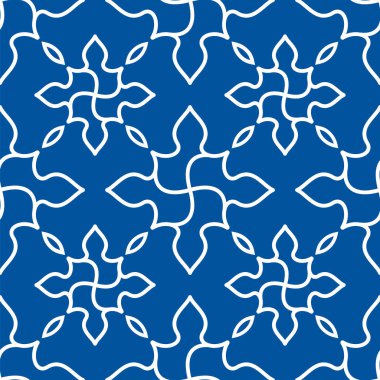 Koyu mavi arka planda zarif beyaz kıvrımlı kusursuz çiçek desenli sanat deseni. Kumaş baskılar, duvar kağıtları ve yaratıcı grafik projeleri için mükemmel..