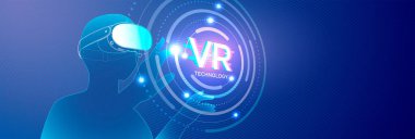 Sanal gerçeklik donanımlı bir kişinin neon ışıkları ve soyut teknolojik modellerle çevrili dijital holograma doğru uzandığı VR Teknoloji çizimi.