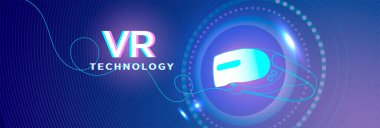 VR Teknoloji kavramı, dijital deneyimdeki yeniliği sembolize eden, parlak dairesel elementlerle canlı arka plan üzerine modern VR kulaklığı gösteriyor..