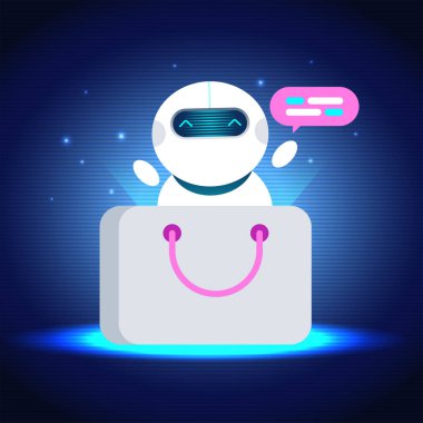 Alışveriş çantasından fırlayan, konuşma balonuyla etkileşime geçen, dijital alışveriş ve e-ticaret için mükemmel bir robot olarak tasarlanmış yapay zeka asistanı..